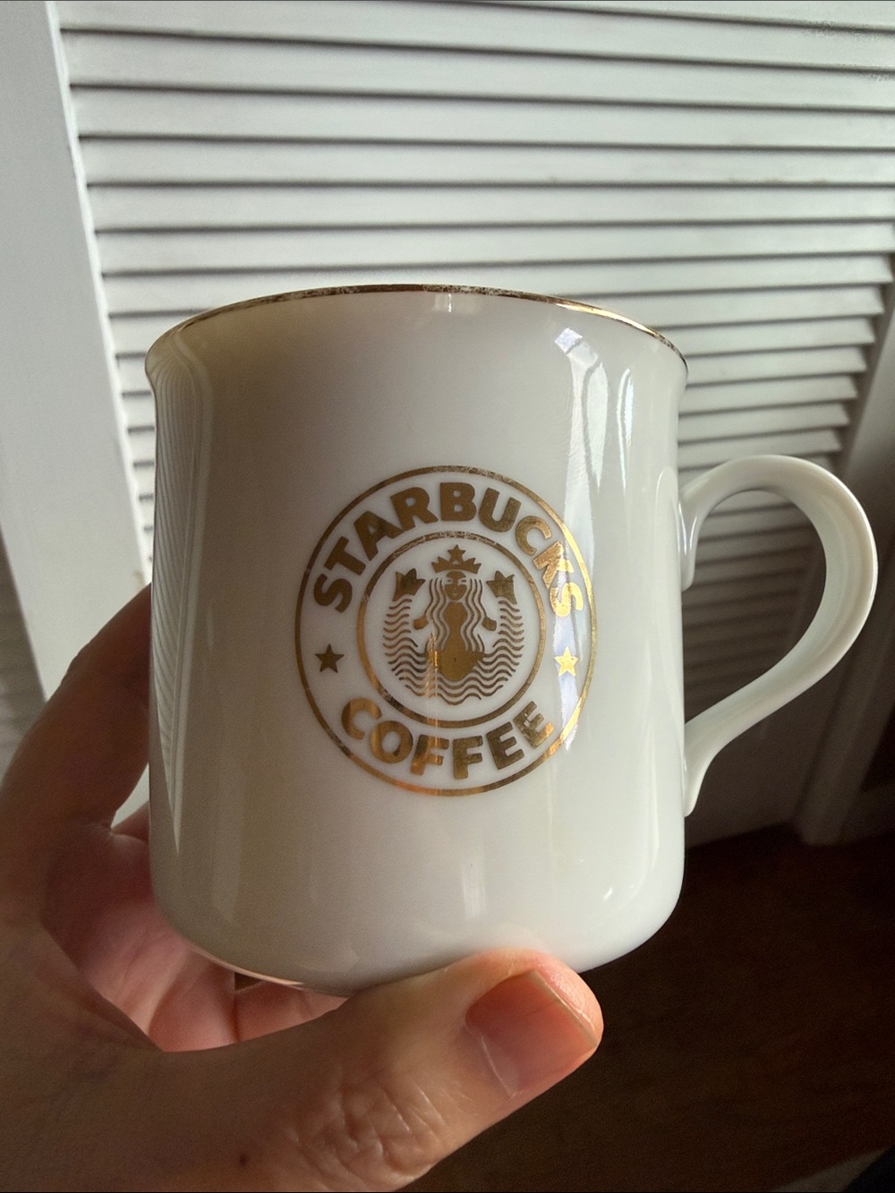 Starbucks White Ceramic Mug with Gold Mermaid Logo and Rim